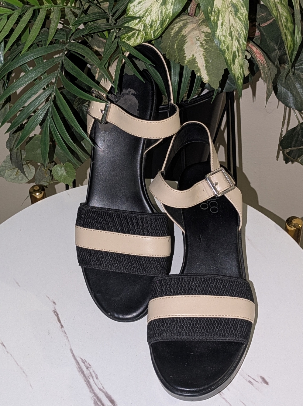 Franco Sarto Black and Beige Wedge Sandals with Ankle Strap - Picture 2 of 10